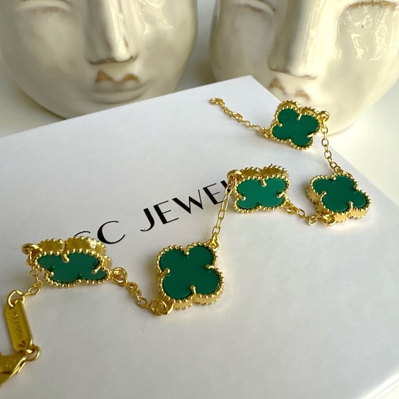 Green Onyx Stone & Gold Clover Bracelet Double Sided Luxury Jewelry - Picture 6 of 10